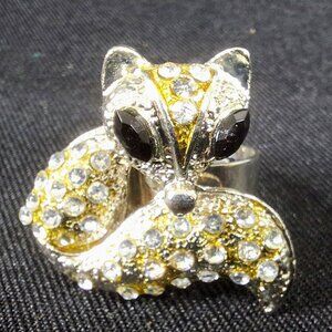 Lot of Two Fox Rings Silver/Gold Tone with Rhinestones adjustable / Brass Size 7